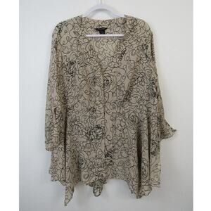 Sunny Taylor 2X Artsy Floral Flowy 3/4 Length Blouse Top Tan Black Plus Size